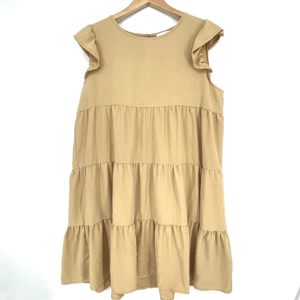 Kirundo‎ Spring Dress Size M Tan Tiered Ruffle Flutter Sleeve Babydoll